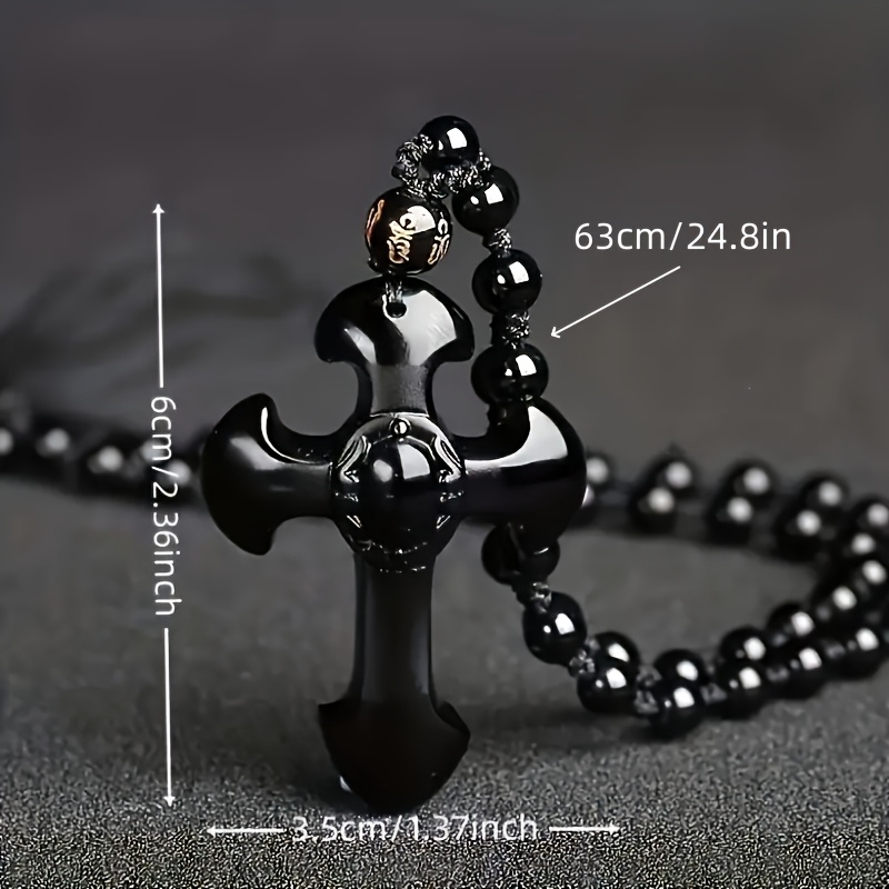 Black Obsidian Cross Necklace with Lucky Charm Pendant